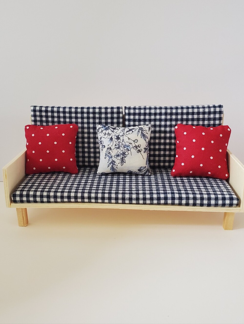 Dollhouse Miniature Plaid Wood sofa Handmade 1:12 Scale NAVY white